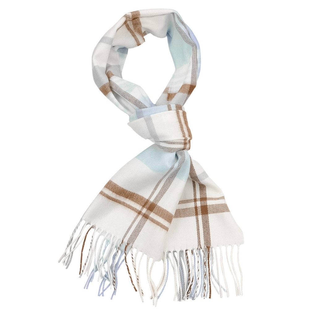 New Wilsons Leather Goods Pastel Blue Grey & Cream D&Y Camel Check Fringe Scarf - Picture 3 of 3